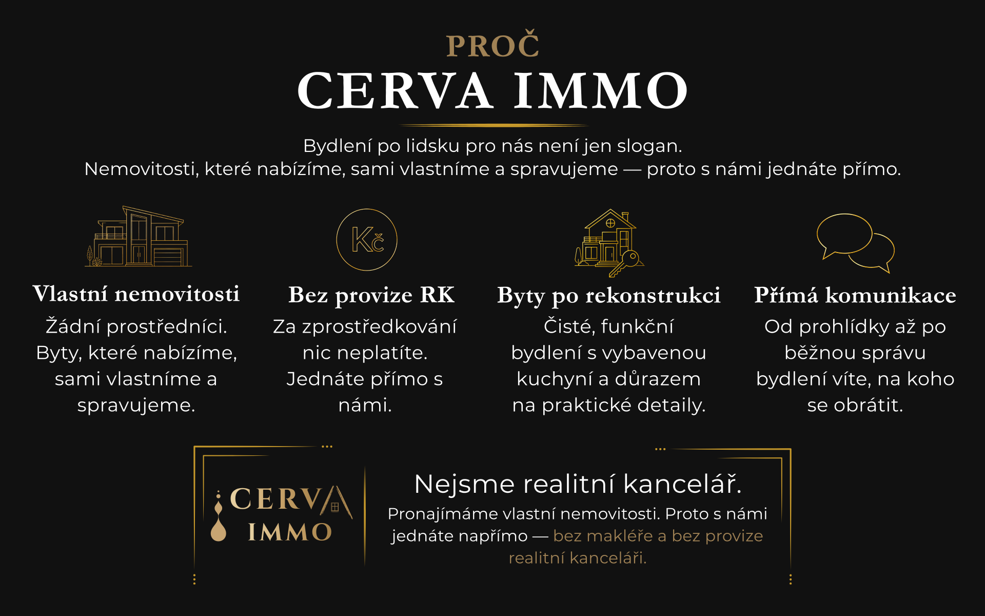 Propagační banner realitní firmy CERVA IMMO na tmavém pozadí s textem a ikonami služeb.