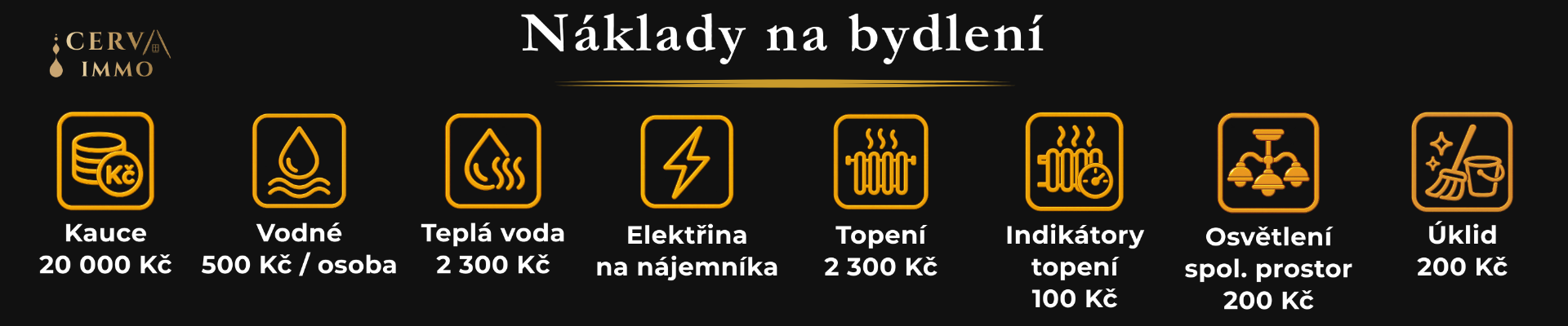 Infografika s cenami služeb: kauce, vodné, teplá voda, elektřina, topení, indikátory, osvětlení a úklid.